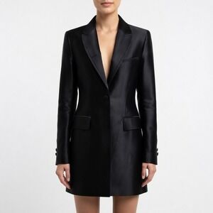 Ann Demeulemeester Wool Blend Longline Blazer Coat Black Peak Lapel Womens 40
